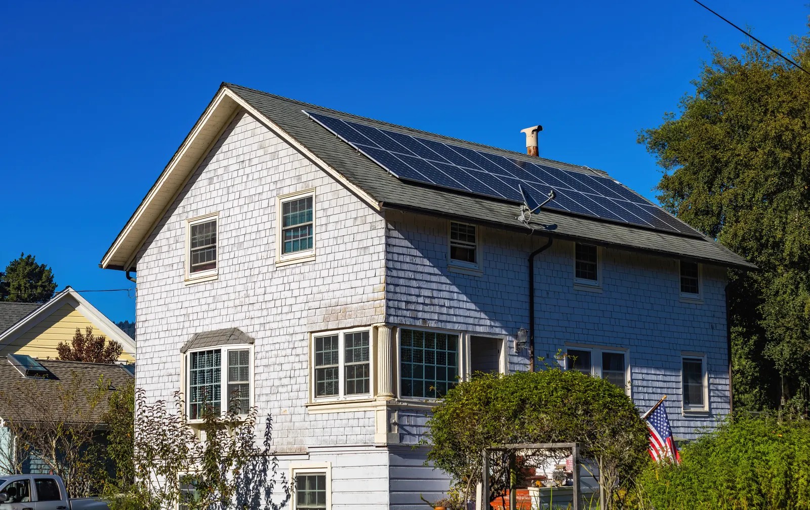 Two-story home with rooftop solar panels